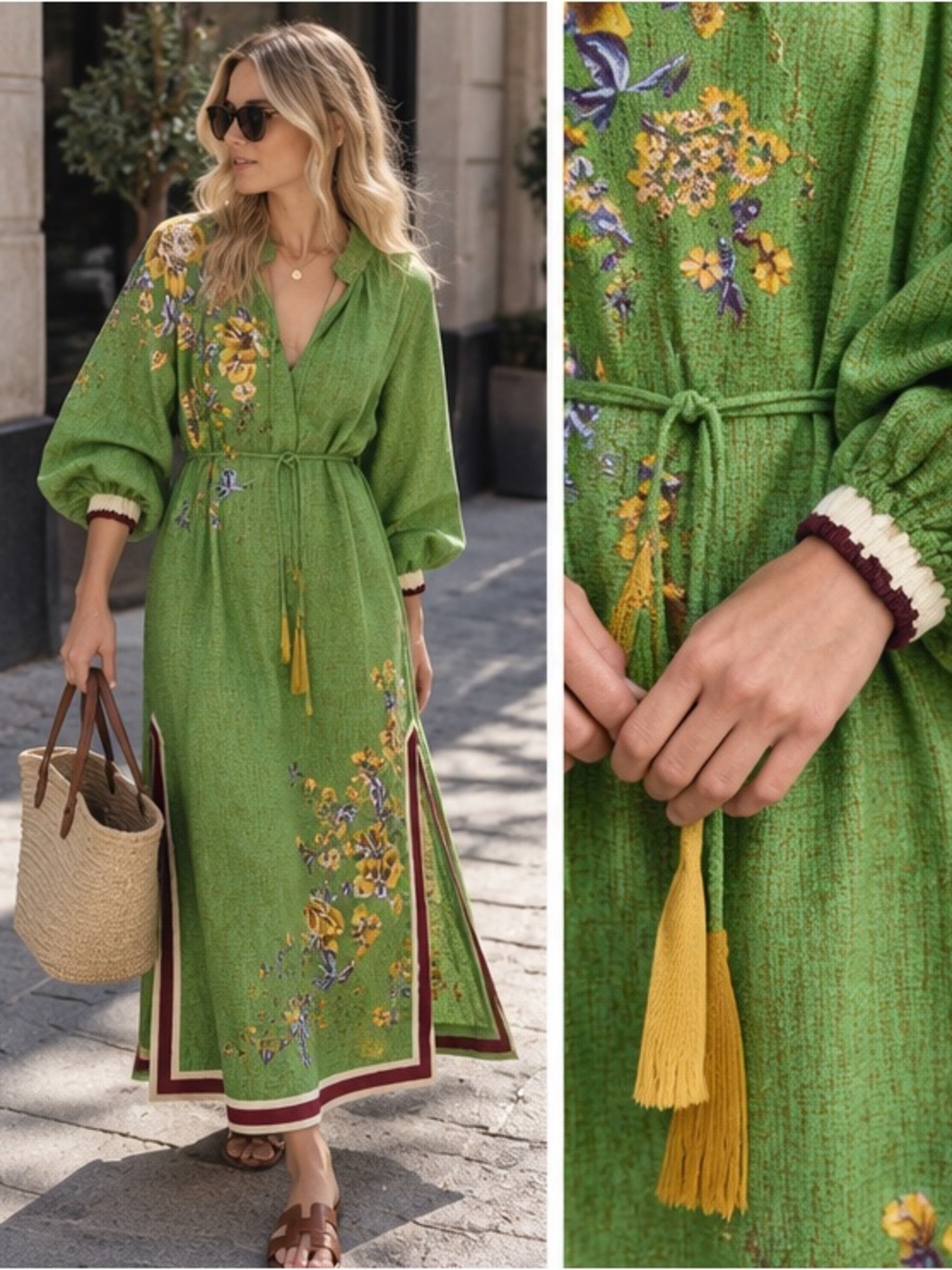 Alemais Green Floral midi Dress with Tassel Tie